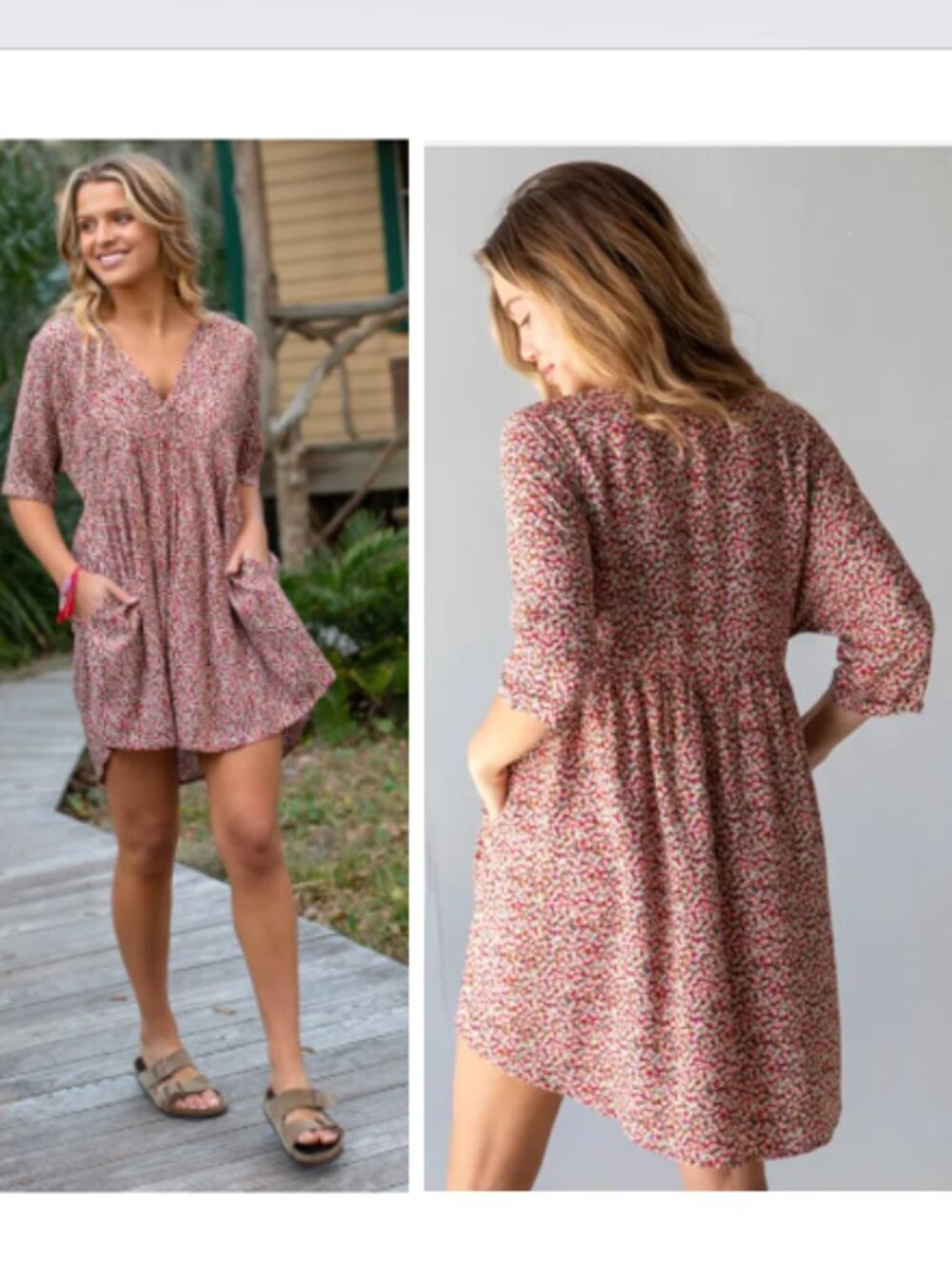 NATURAL LIFE Stella V-Neck Dress - Pink Ditsy Babydoll / Mini Dress